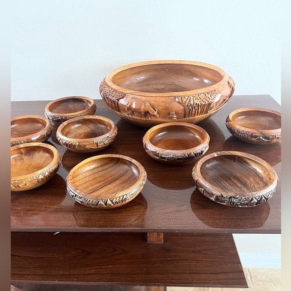 Other - MCM Hand Carved Wooden Polynesian Salad Serving Bowl With 8 Individual bowls